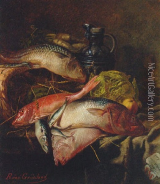 Skate, Mackerel, Sea Bass And A Gurnard On A Table With A Cabbage, An Apple And A Ewer Oil Painting - Rene Groenland