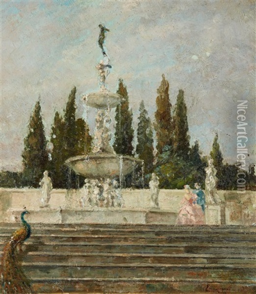 Garden With A Well, Courtly Couple, And A Peacock Oil Painting - Emma Ciardi