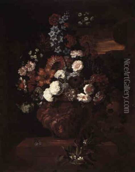 Roses, Hydrangeas, Carnations, Blossom, Morning Glory And Others In An Urn Oil Painting - Pieter Casteels III