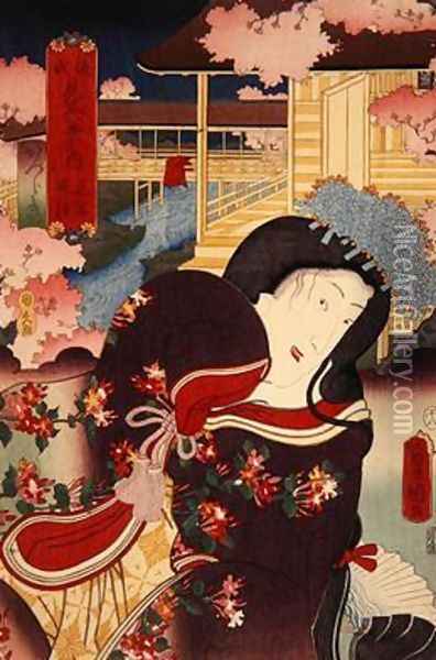 Hana no en bansho Katsuragi Genji mitate hakkei no uchi Flower Banquet Evening Bell Katsuragi Oil Painting - Utagawa Kunisada