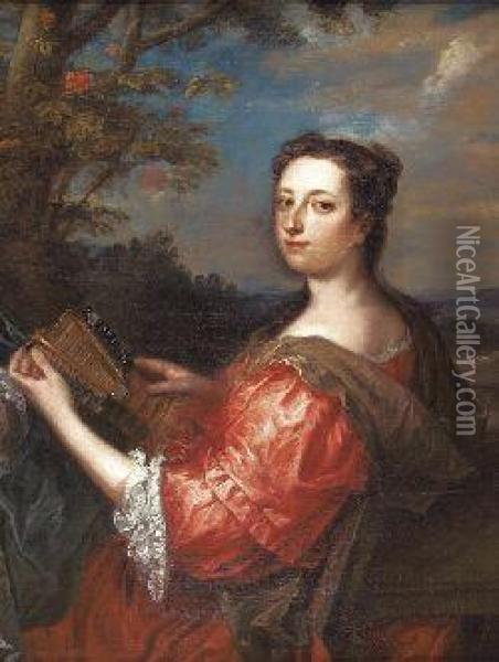 Half Length Portrait Of A Lady In A Red Dress Holding A Lute Oil Painting - Charles Jervas
