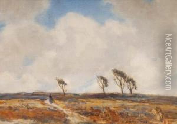 Lone Figure Crossing Moorland, Pinetrees In The Distance Oil Painting - Sidney Dennant Moss