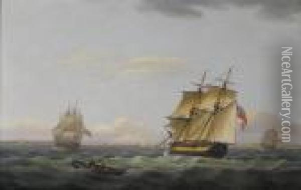 A Merchant Brig Passing Between 
Two Frigates Off The Coast, A Small Boat Off Her Port Beam Oil Painting - Thomas Luny