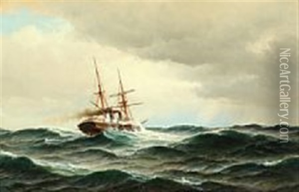 Seascape With Steamer On High Seas Oil Painting - Carl Ludwig Bille