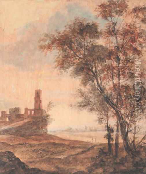 A hilly landscape with a ruin on a hill, trees in the foreground Oil Painting - Anthonie Waterloo