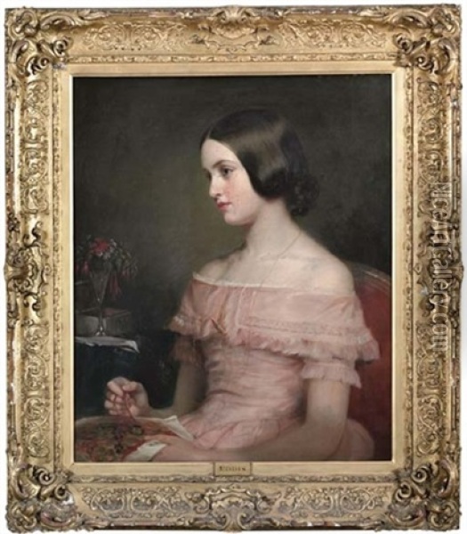 Portrait Of Lady Elizabeth Scott, In A Pink Dress, Holding A Tapestry Oil Painting - Eden Upton Eddis