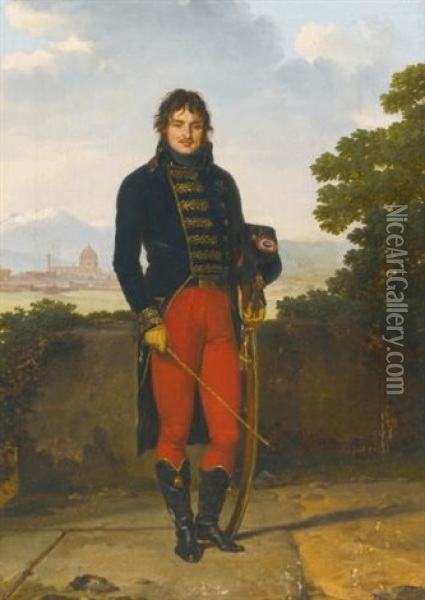 Portrait Of An Officer, Thought To Be General Jean-claude Moreau, Standing Full Length In Uniform On A Terrace, A View Of Florence Beyond Oil Painting - Louis Gauffier