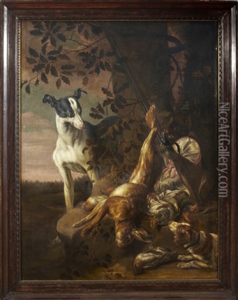 Jaktstilleben Med Hare, Kramsfagel Och Jakthundar Oil Painting - David de Coninck