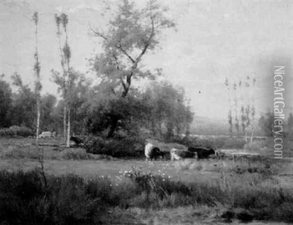 Cows Grazing In The Water Meadow Oil Painting - Joseph Antonio Hekking
