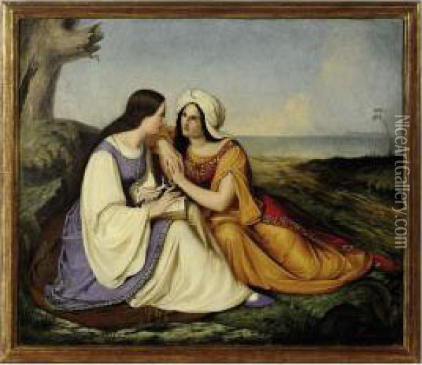 Two Women Conversing In A Landscape Oil Painting - Johann Friedrich Overbeck