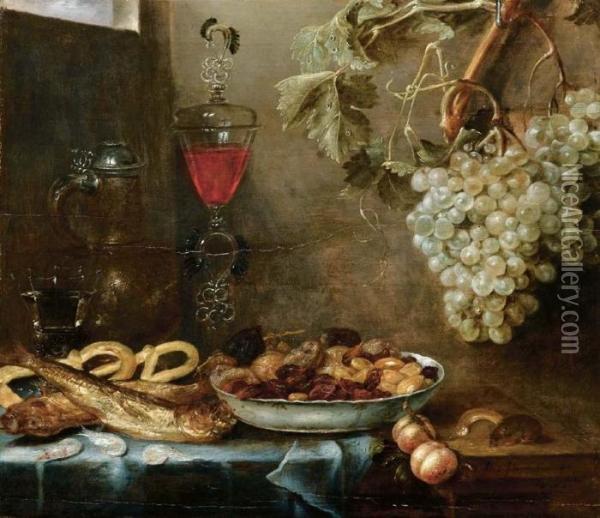 Tavola Imbandita Con Pesci, Frutta, Brocca E Bicchieri, Topo E Grappolo D'uva Oil Painting - Alexander Adriaenssen