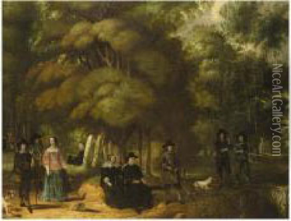 A Hunting Party In A Forest Oil Painting - Gonzales Cocques