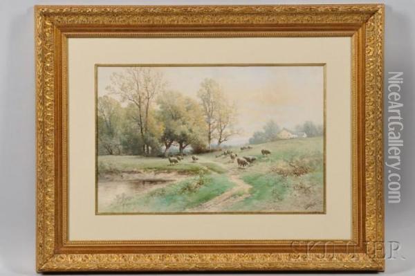 Pastoral Landscape With Sheep Oil Painting - Carl Weber
