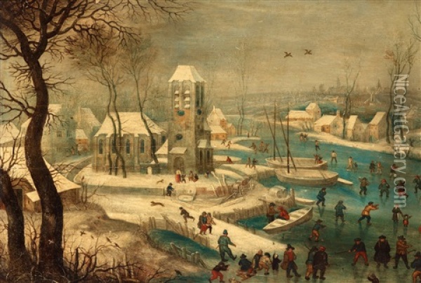 Winter Landscape With Skaters Oil Painting - Pieter Bruegel the Elder