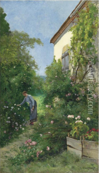French In The Garden Oil Painting - M.E.G. Comoy