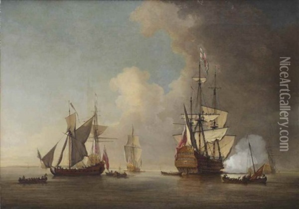 The Flagship Royal Sovereign Firing A Salute At The Nore With Other Warships And Admiralty Yachts In Attendance Oil Painting - Willem van de Velde III