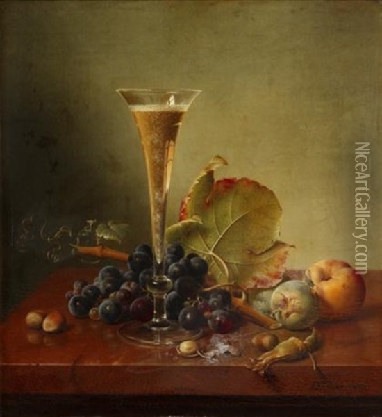 Still Life With Champagne Flute And Grapes Oil Painting - Johann Wilhelm Preyer