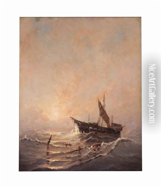 Ship Amongst Wreckage Near New Castle Harbor Oil Painting - Edward Moran