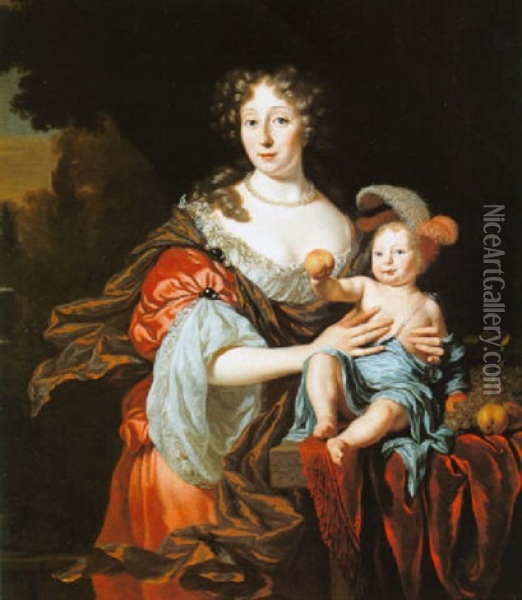 A Portrait Of A Lady, Wearing A Pink Dress And Holding Her Infant Son Oil Painting - Michiel van Musscher