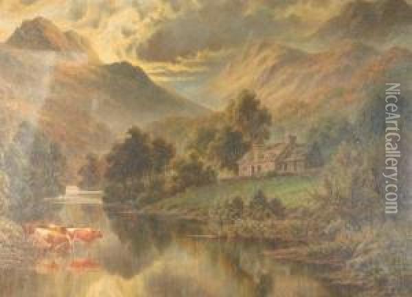 Welsh River Scene With Cattle And Cottages Oil Painting - Robert Mann