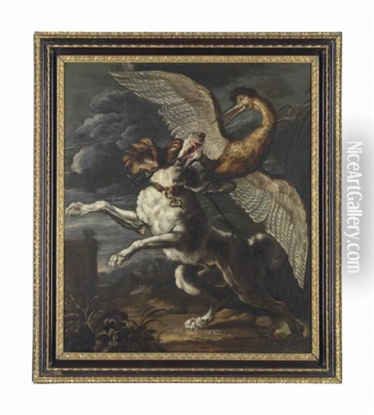 A Dog Attacking A Heron Oil Painting - Abraham Danielsz Hondius