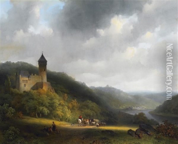Bergige Flusslandschaft Mit Burgen Oil Painting - Cornelis Gerrit Verburgh
