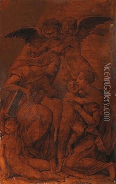Sainte Famille Avec Deux Anges, Saint Jean Baptiste Et Sainte Elisabeth Oil Painting -  Rosso Fiorentino (Giovanni Battista di Jacopo)
