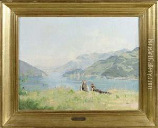 View On The Lake Of Four Cantons And Two Characters Oil Painting - Edouard John E. Ravel