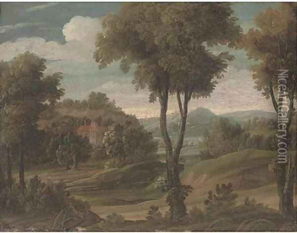 A wooded landscape with a country house Oil Painting - Antonio Tavella, Il Solfarola