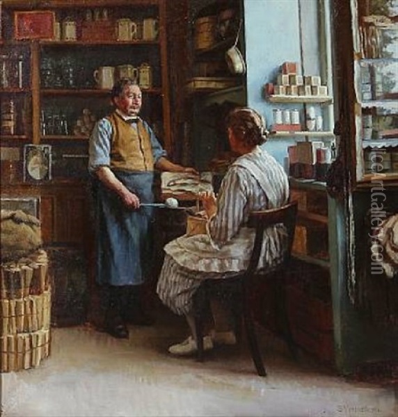 Grocery Store Interior Oil Painting - Sophus Vermehren