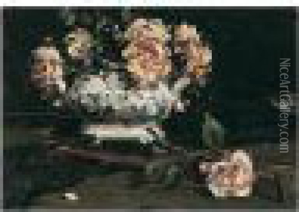A Dish Of Roses - Landscape Sketch On Verso Oil Painting - Samuel John Peploe