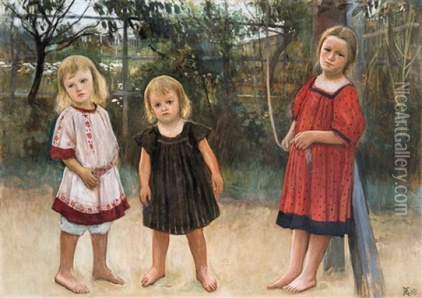 Three Children Oil Painting - Aladar Koeroesfoei Kriesch