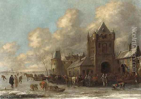 Townsfolk skating and sledging on a frozen moat before a town Oil Painting - Thomas Heeremans