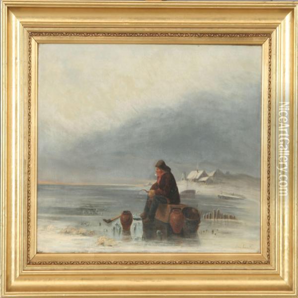 A Winter Scenery With Fisherman Oil Painting - Louis Jean Somers
