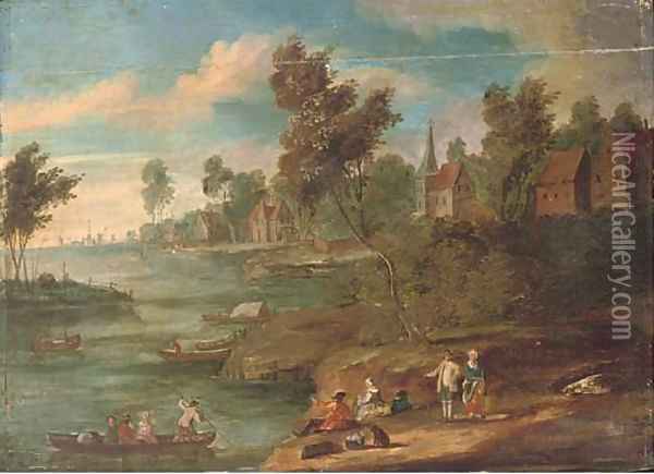 A river landscape with figures at rest on the river bank, a town beyond Oil Painting - Marc Baets