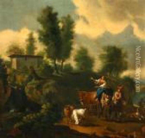 Gypsies With Animals On A Pastoral Road Oil Painting - Andries Dirksz. Both