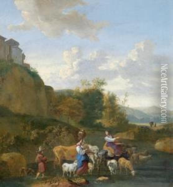 Paesaggio Meridionale Con Pastori E Greggi Oil Painting - Hendrick Mommers
