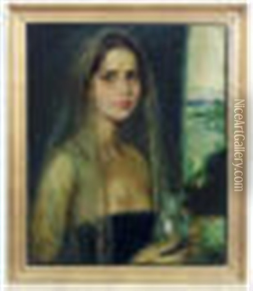 Portrait Of An Attractive Young Lady Holding A Glass Vase In Diaphanous Headgear Oil Painting - Corneille Max