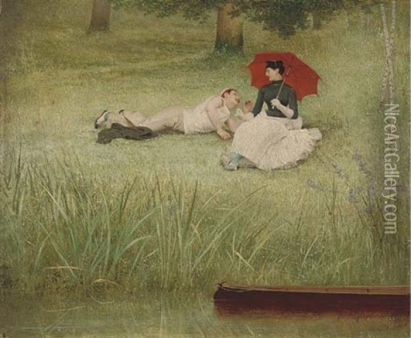 Lovers On A River Bank Oil Painting - Georges Croegaert