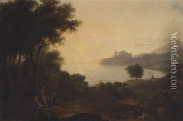 A Mediterranean Coastal Inlet With Classical Figures Playing Music, A Fortress In The Distance Oil Painting - Claude Lorrain