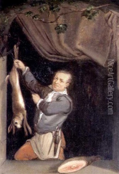 Mann Mit Erlegtem Hasen Am Fenster Oil Painting - Justus Juncker