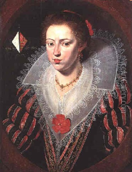 Portrait Of A Young Lady Of The Joigny De Pamele Family, Bust Length, Wearing A Black And Red Silk Dress Oil Painting - Frans Pourbus the younger