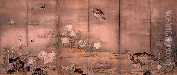 Birds and Flowers in a Landscape, left screen, 1575 Oil Painting - Hagetsu Tosatsu
