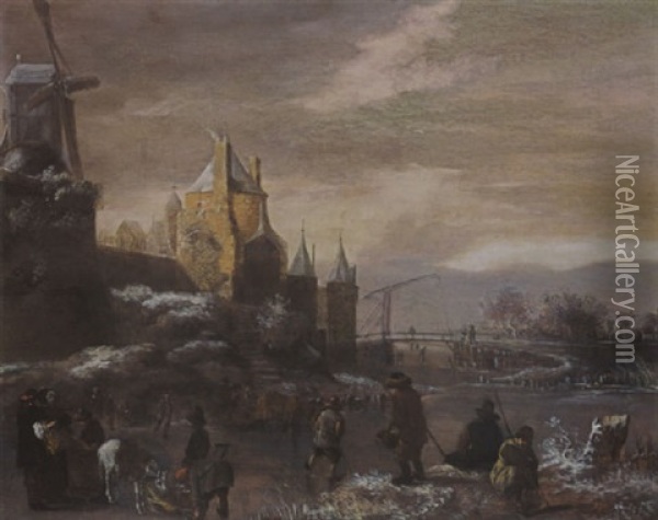 A Winter Landscape With Skaters, Two Horsedran Sledges And Other Figures Before The Walls Of The City Oil Painting - Nicolaes Molenaer