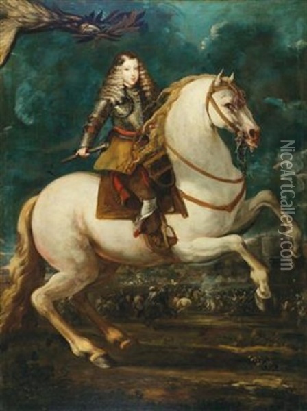 An Equestrian Portrait Of The Young King Charles Ii Of Spain Oil Painting - Sebastian De Herrera Barnuevo
