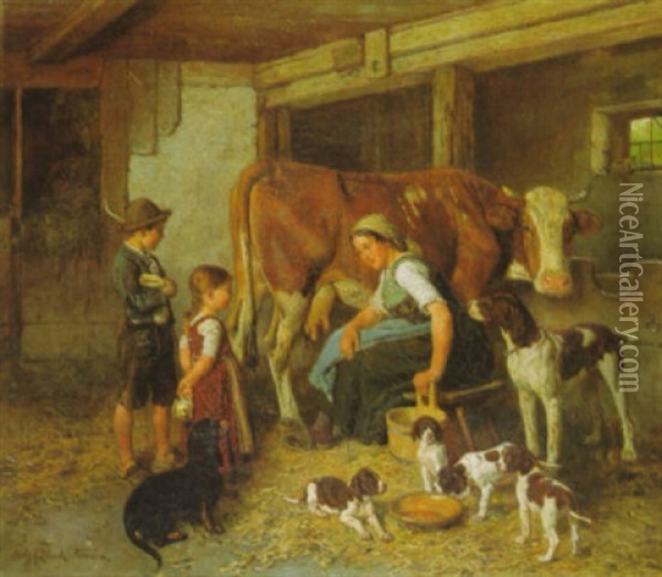 Melkzeit Oil Painting - Adolf Eberle