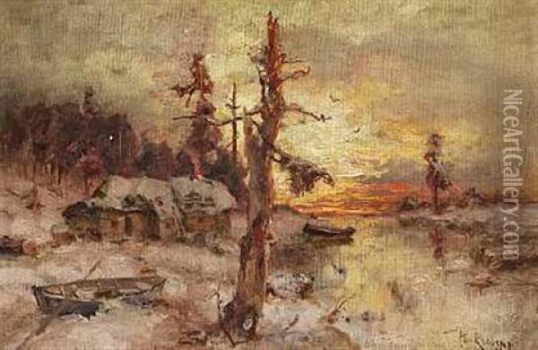 Vinterparti Med Solnedgang Og Joller Ved Et Hus (or His Workshop) Oil Painting - Yuliy Yulevich (Julius) Klever