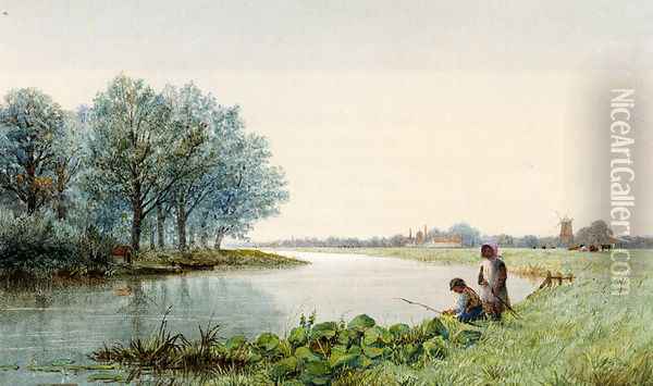 Children Playing By A River, A Village Beyond Oil Painting - George Stanfield Walters