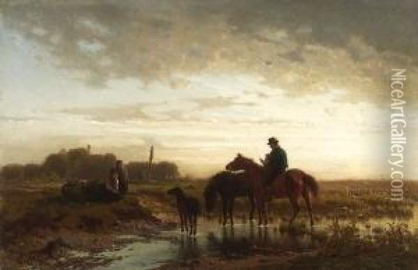 Reiter Mit Pferden In
 Moorlandschaft Oil Painting - Julius Noerr