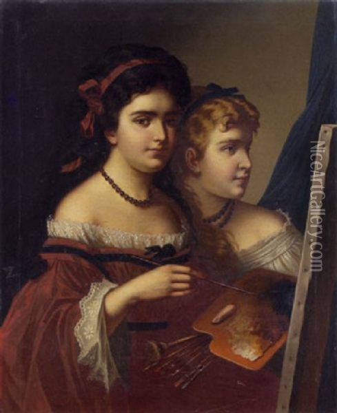 Zwei Kleine Madchen Beim Malen Oil Painting - Marcel Johann von Zadorecki